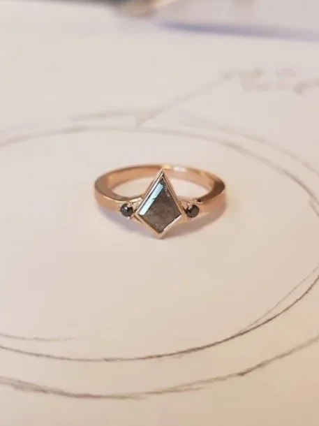 Kite shaped salt and pepper diamond engagement ring in rose gold