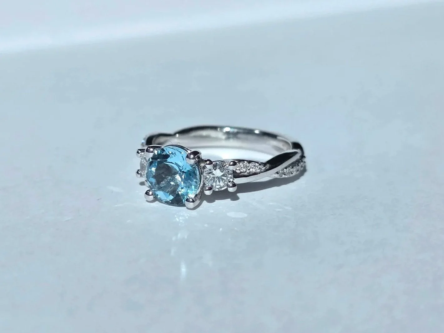 Aquamarine three stone engagement ring in white gold
[engagement]
[gemstone]