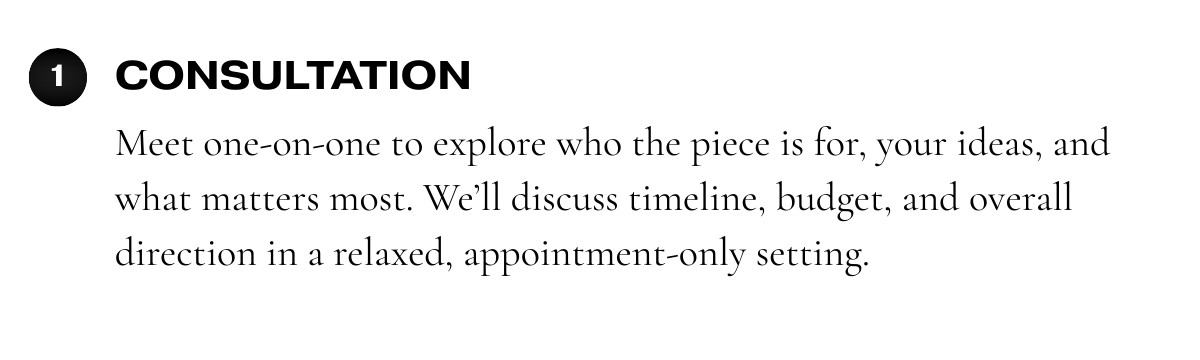 Section titled "Consultation" with a description about meeting one-on-one to discuss project ideas, timeline, budget, and overall direction in a relaxed, appointment-only setting.