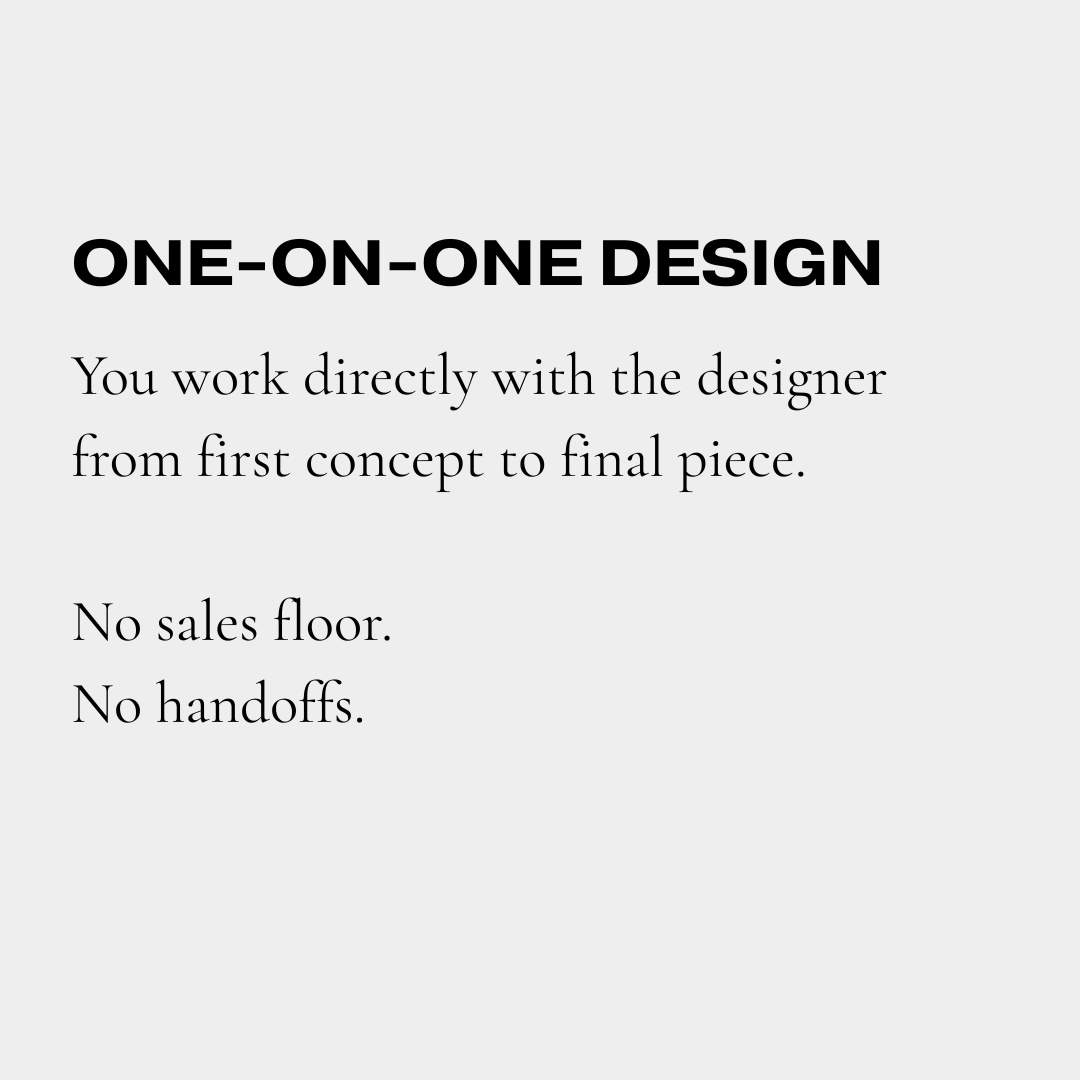 Text on a gray background about one-on-one design work, emphasizing direct collaboration with the designer, no sales floor or handoffs.