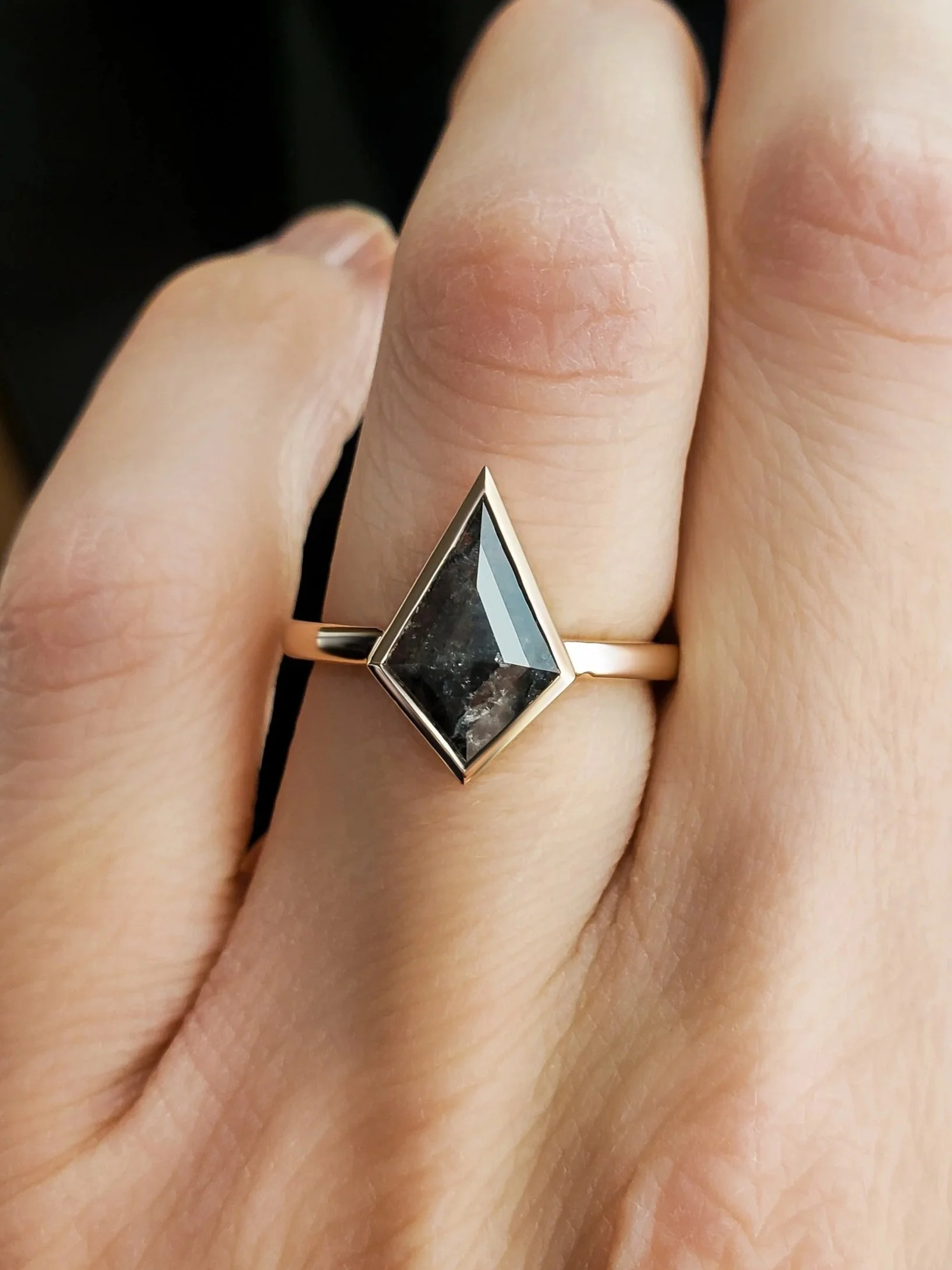 Kite Shaped Salt and Pepper Diamond Engagement Ring in Yellow Gold