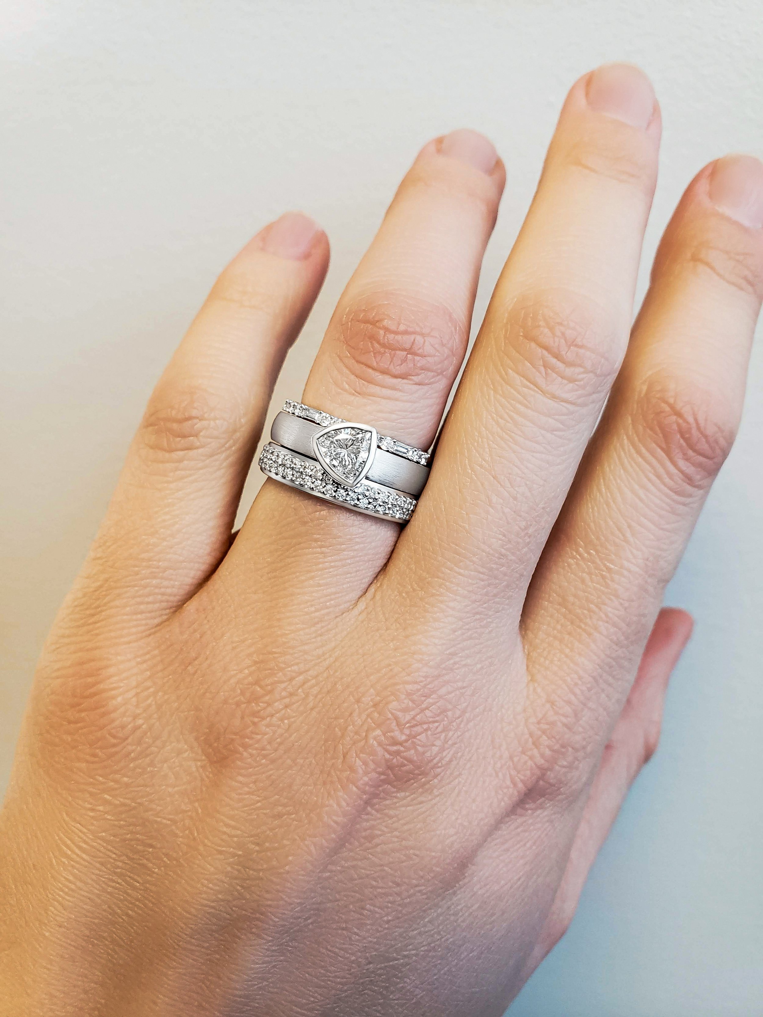 Trillion cut engagement ring stack with diamond micropave band