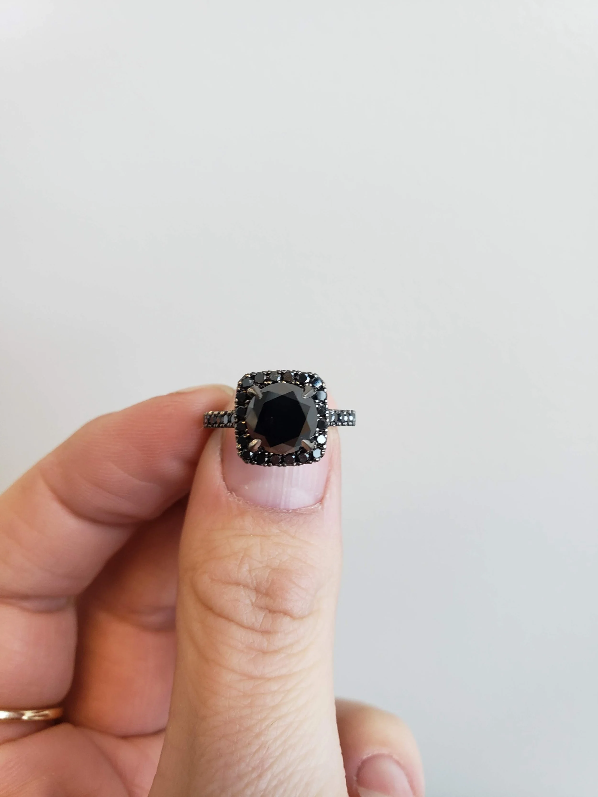 Black diamond engagment ring with black diamond accents, set into 19K white gold plated with black rhodium