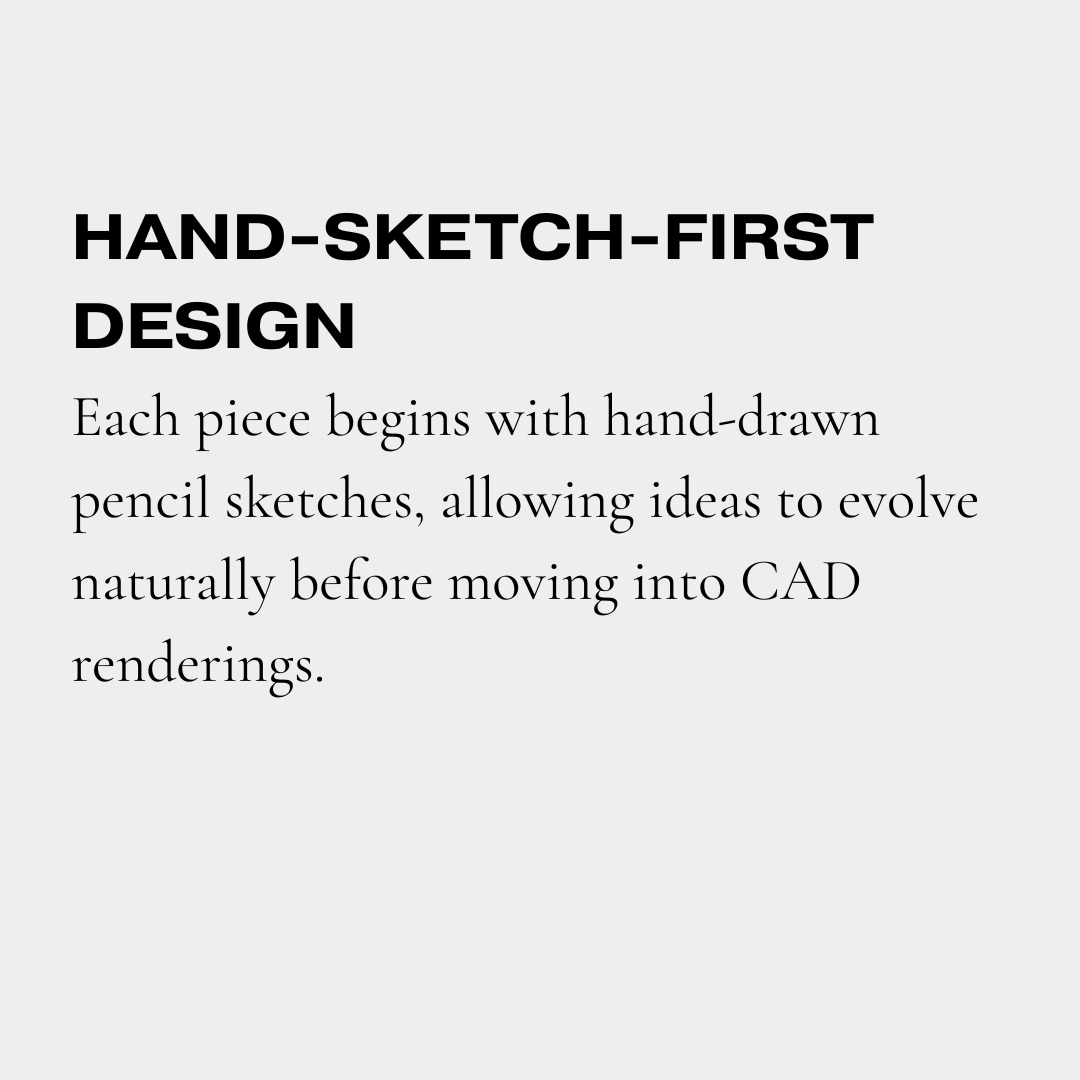 Text explaining the hand-sketch-first design process, highlighting that each piece starts with hand-drawn pencil sketches before moving to CAD renderings.