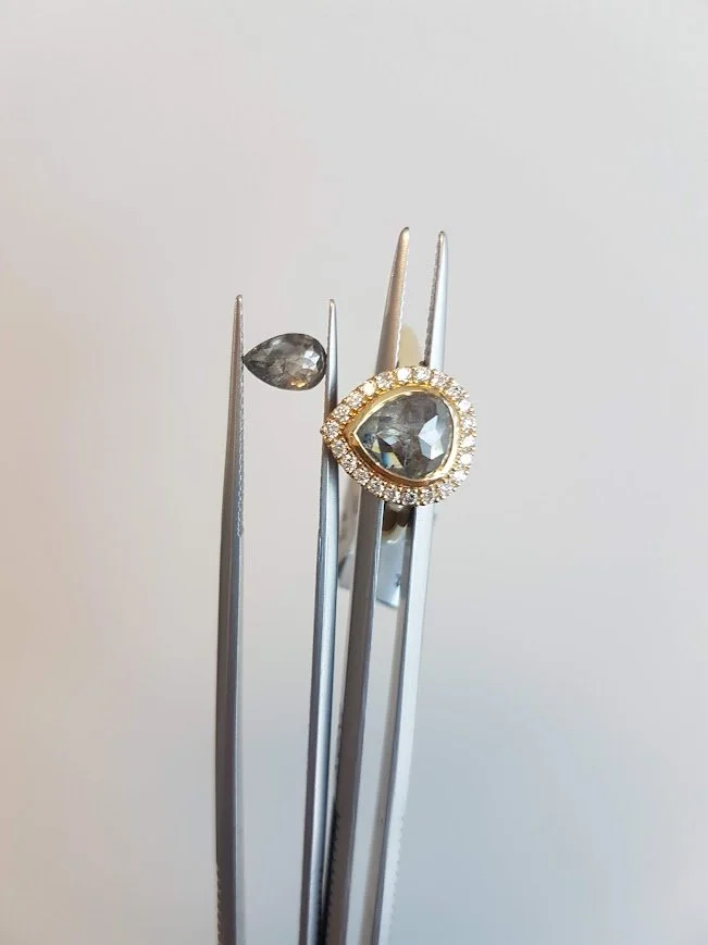 Salt and pepper pear shaped diamonds