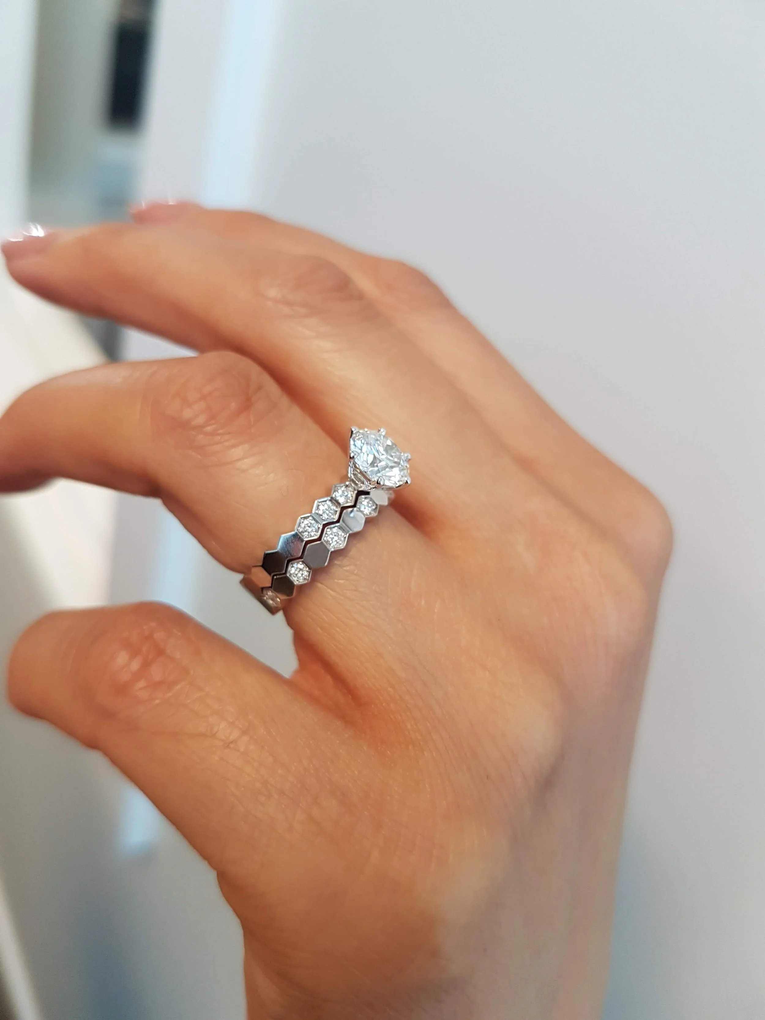 Honeycomb inspired diamond wedding set in 19K white gold