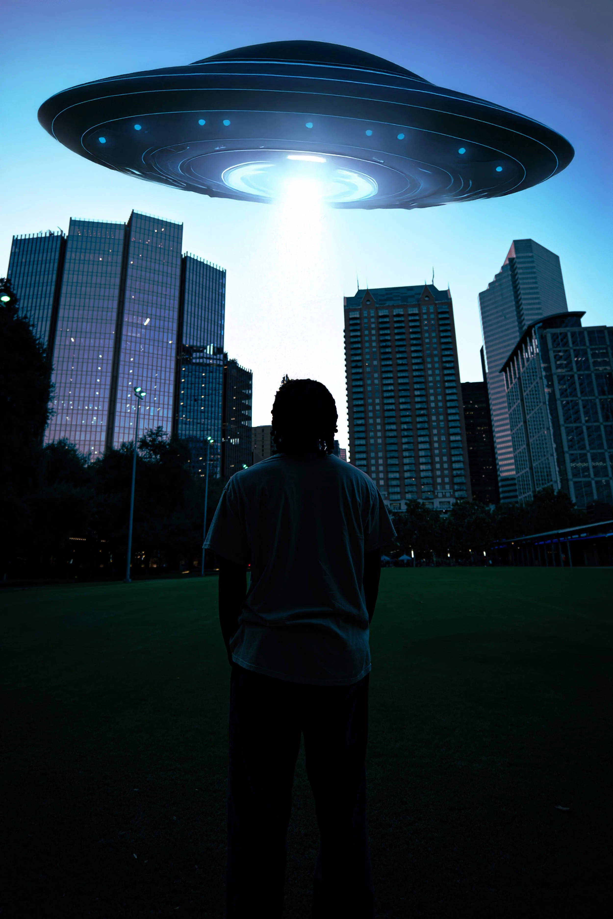 A person standing on a grassy field and watching a spaceship descend from the sky amid tall downtown skyscrapers, with a beam of bright light connecting the spaceship and the ground.