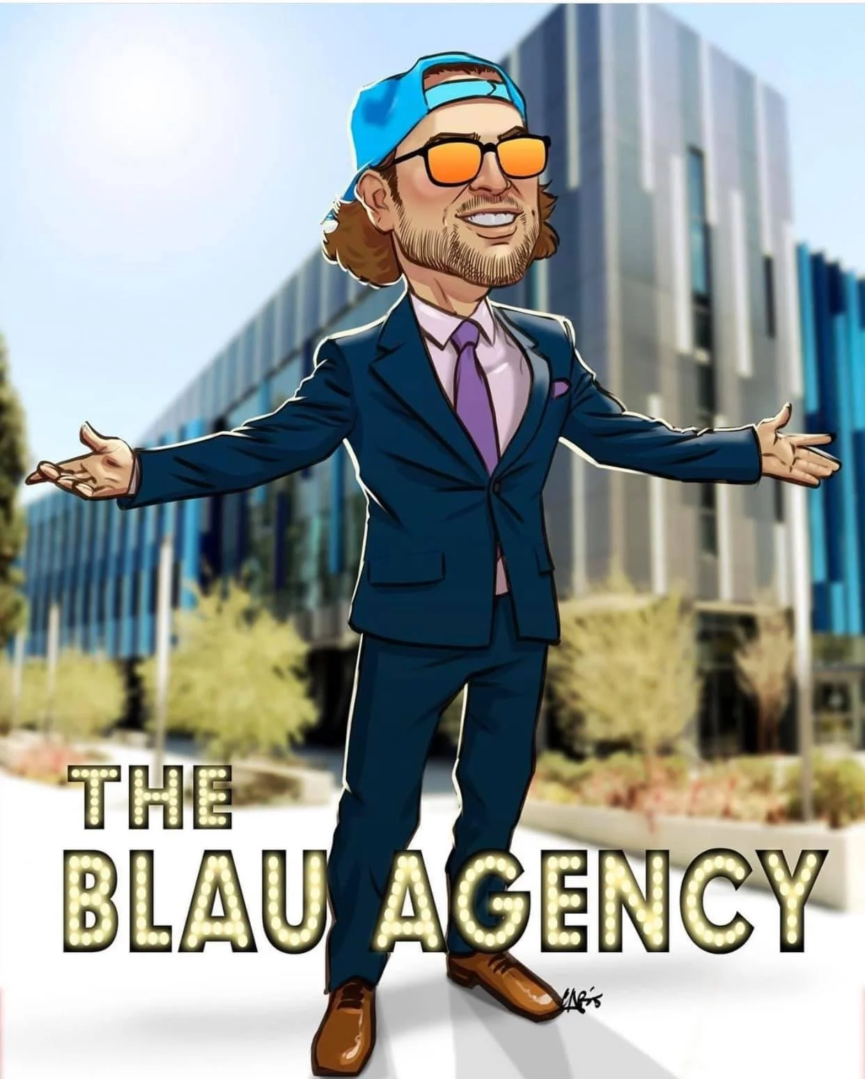 A cartoon man wearing sunglasses, a blue cap backward, a blue suit, purple tie, and brown shoes, standing with arms outstretched in front of a modern office building with the text 'The Blau Agency' in illuminated letters at the bottom.