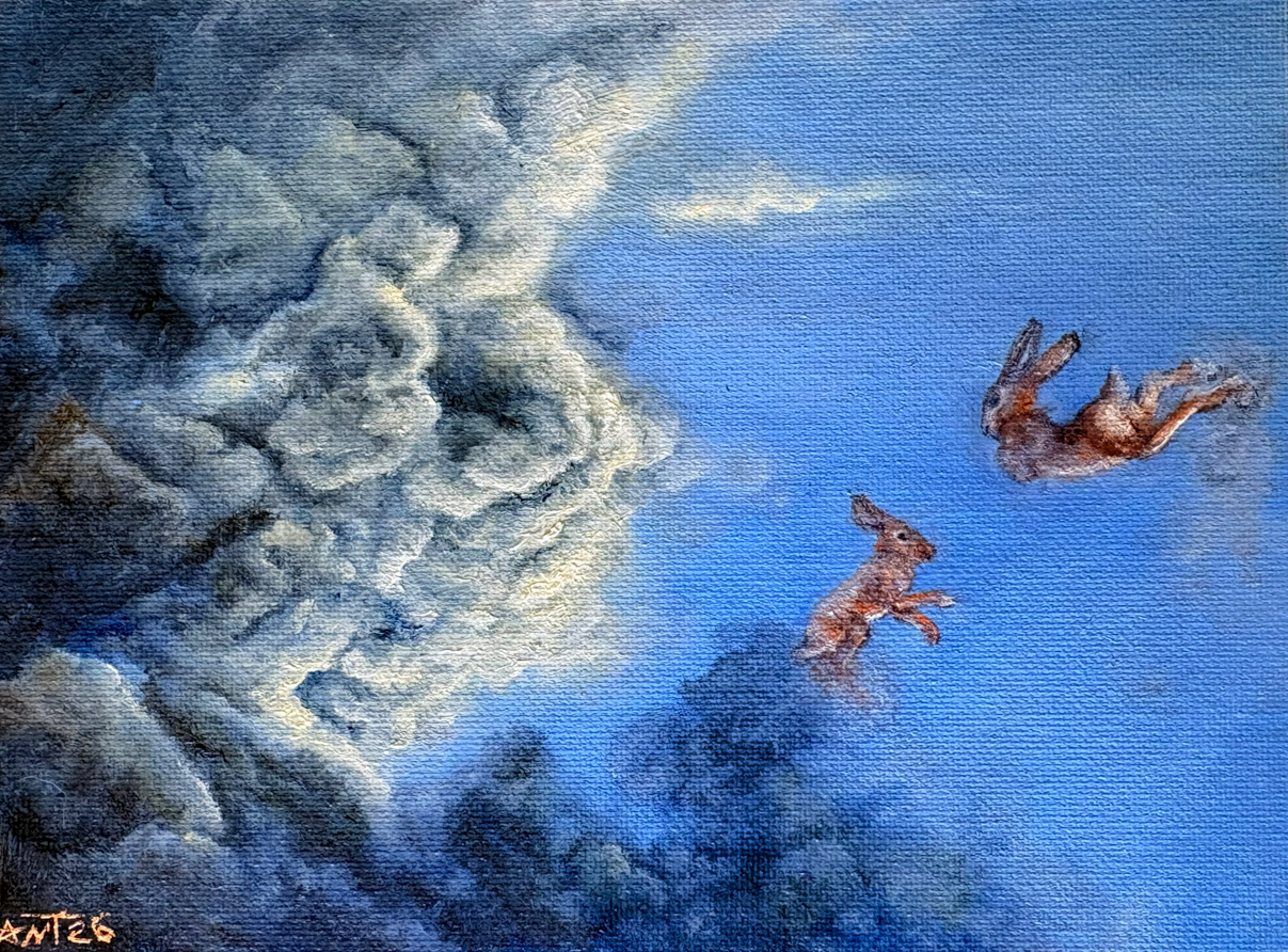 "Cloud Study II, With Jumping Hares" 6x8in, oil on canvas board, study work