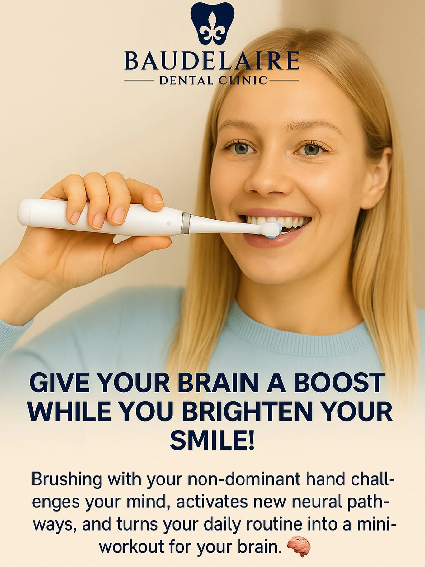 Give your brain a boost while you brighten your smile! 🧠✨
Brushing with your non-dominant hand challenges your brain, encourages new neural pathways and turns a simple habit into a mini workout for your mind.

At Baudelaire Dental Clinic, we love ti