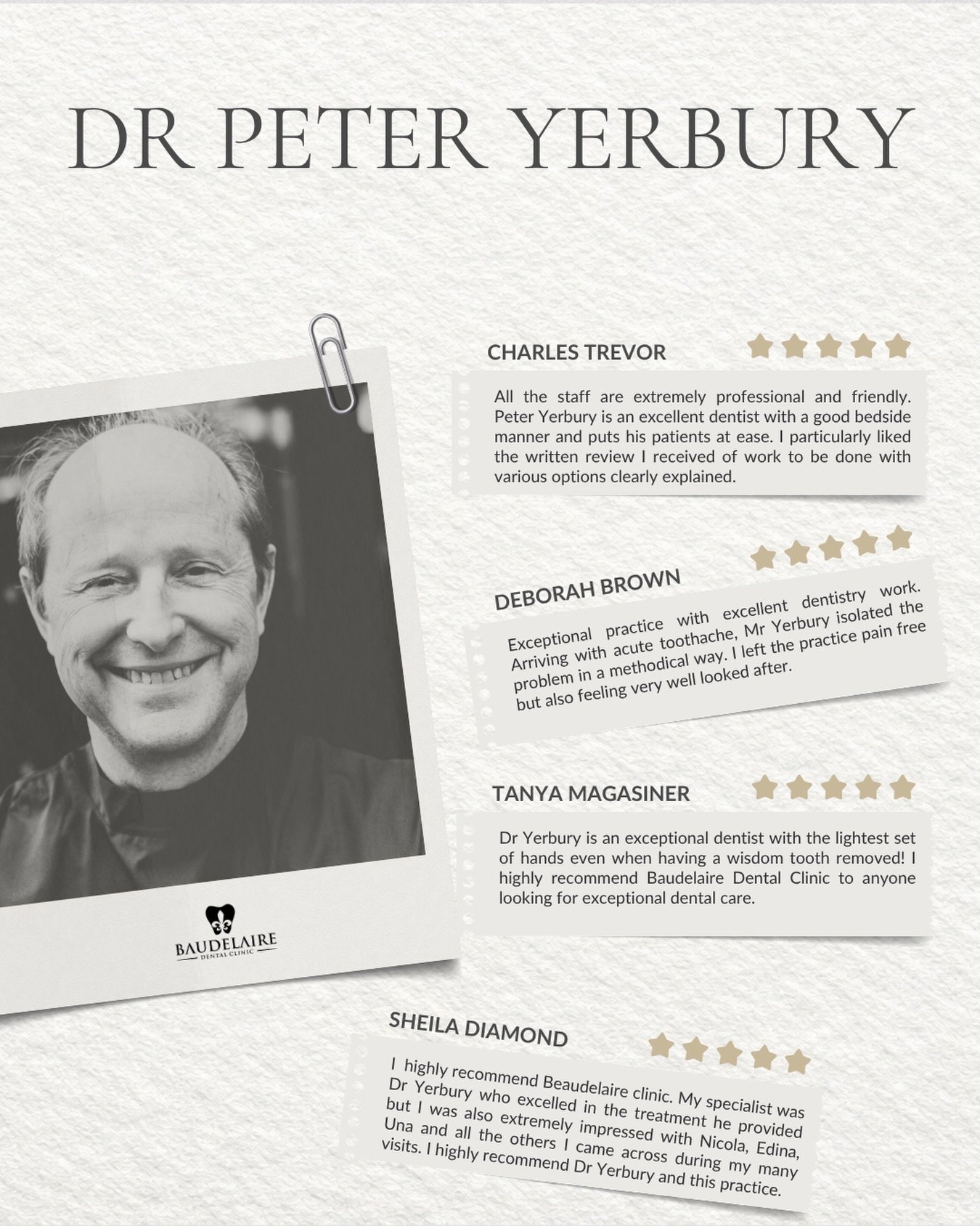 experience:

#DrPeterYerbury
#BaudelaireDentalClinic
#Prosthodontics
#Prosthodontist
#SmileRestoration
DentalImplants
FullMouthRehabilitation
CosmeticDentistry
RestorativeDentistry
SmileMakeover
DentalCare
OralHealth
HealthySmile
PatientTestimonials
