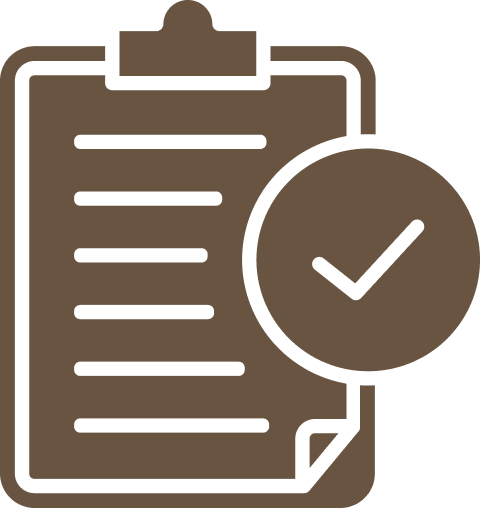 Icon of a clipboard with a checkmark on a circular background, representing completed or approved documentation.