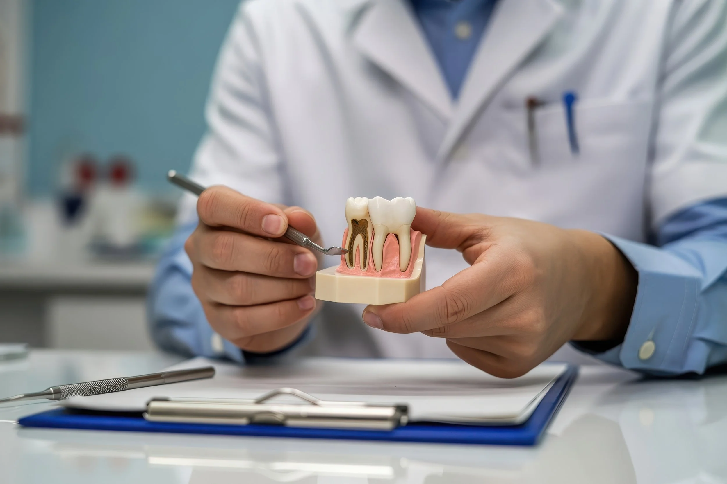 A dentist holding a model of teeth and gums, demonstrating dental anatomy.