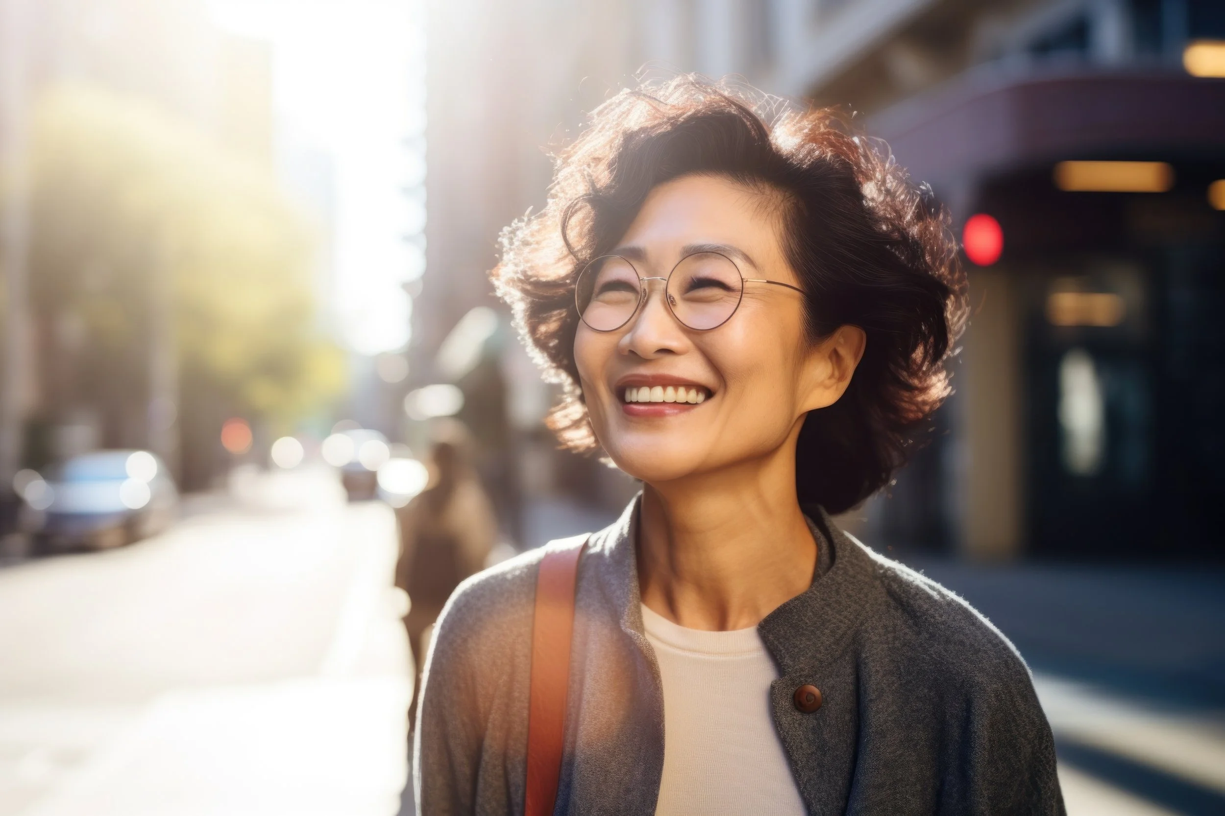 A woman with porcelain veneers smiling in a sunny day.