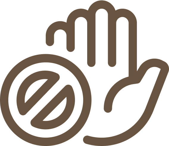 A brown hand with a stop gesture next to a circle with a line crossing through it, indicating 'no' or 'stop'.