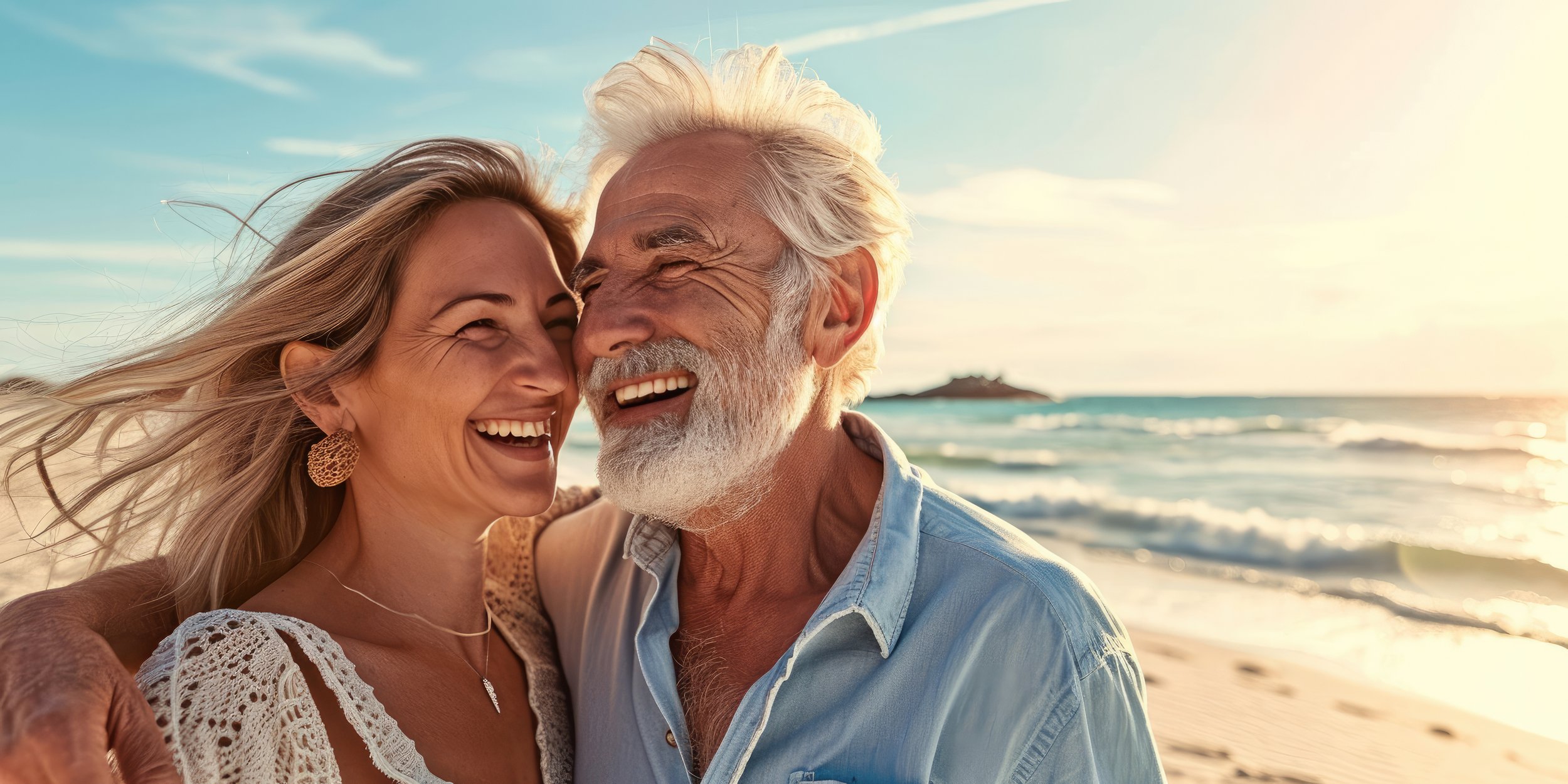 An couple laughing and smiling close together on a beach during sunset.