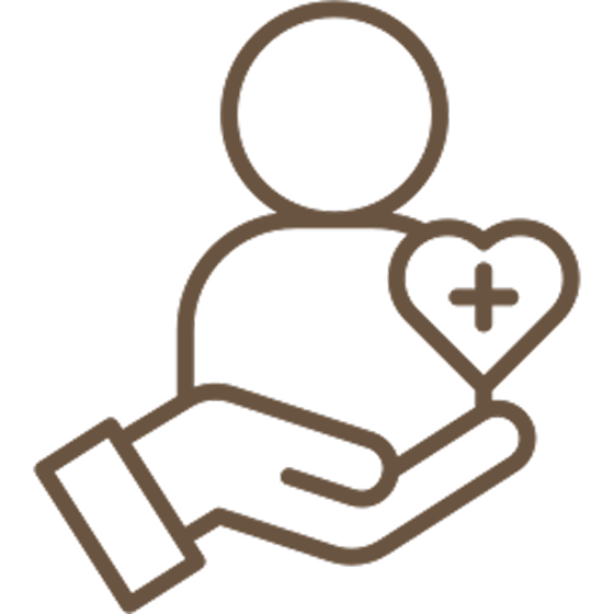 Outline icon of a person holding a heart with a medical cross, symbolizing healthcare or medical support.