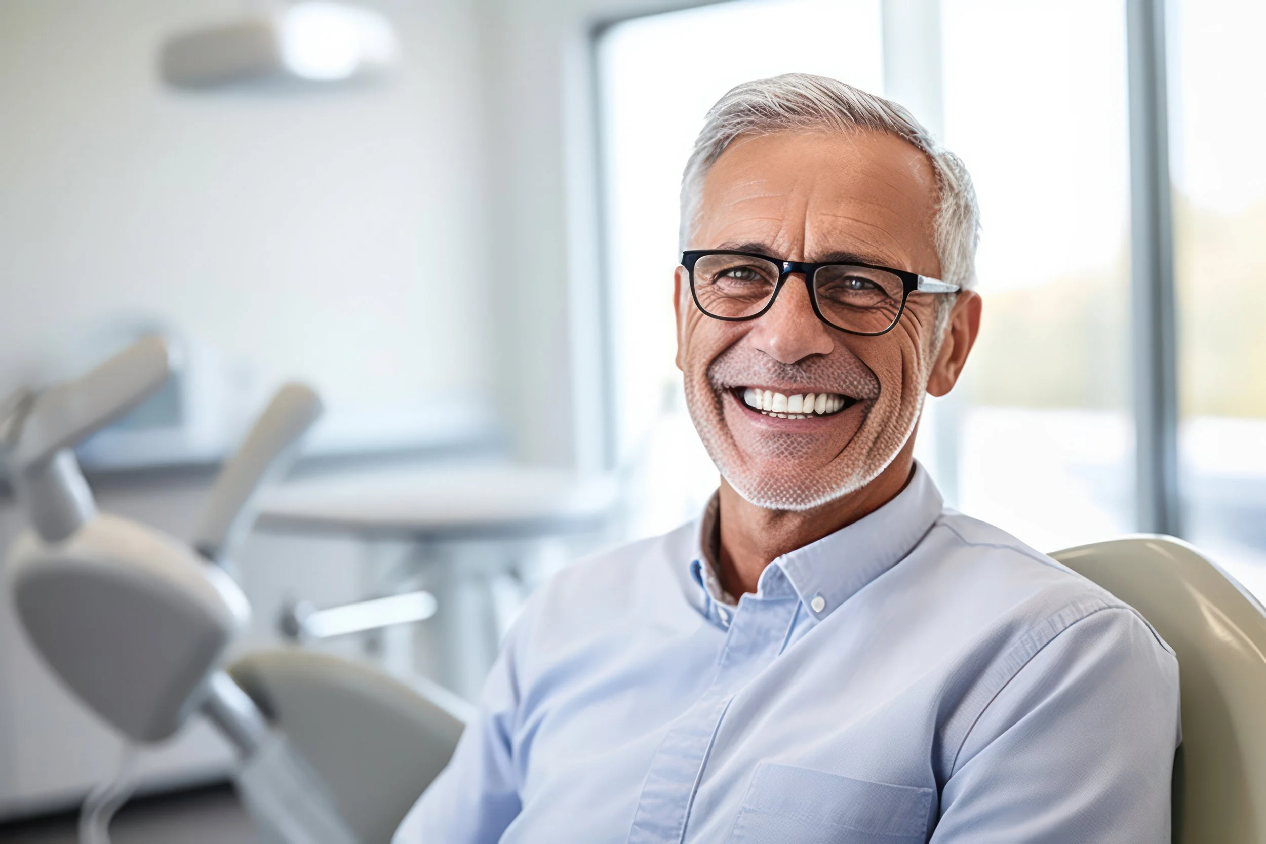 Senior man smiling in dental office.