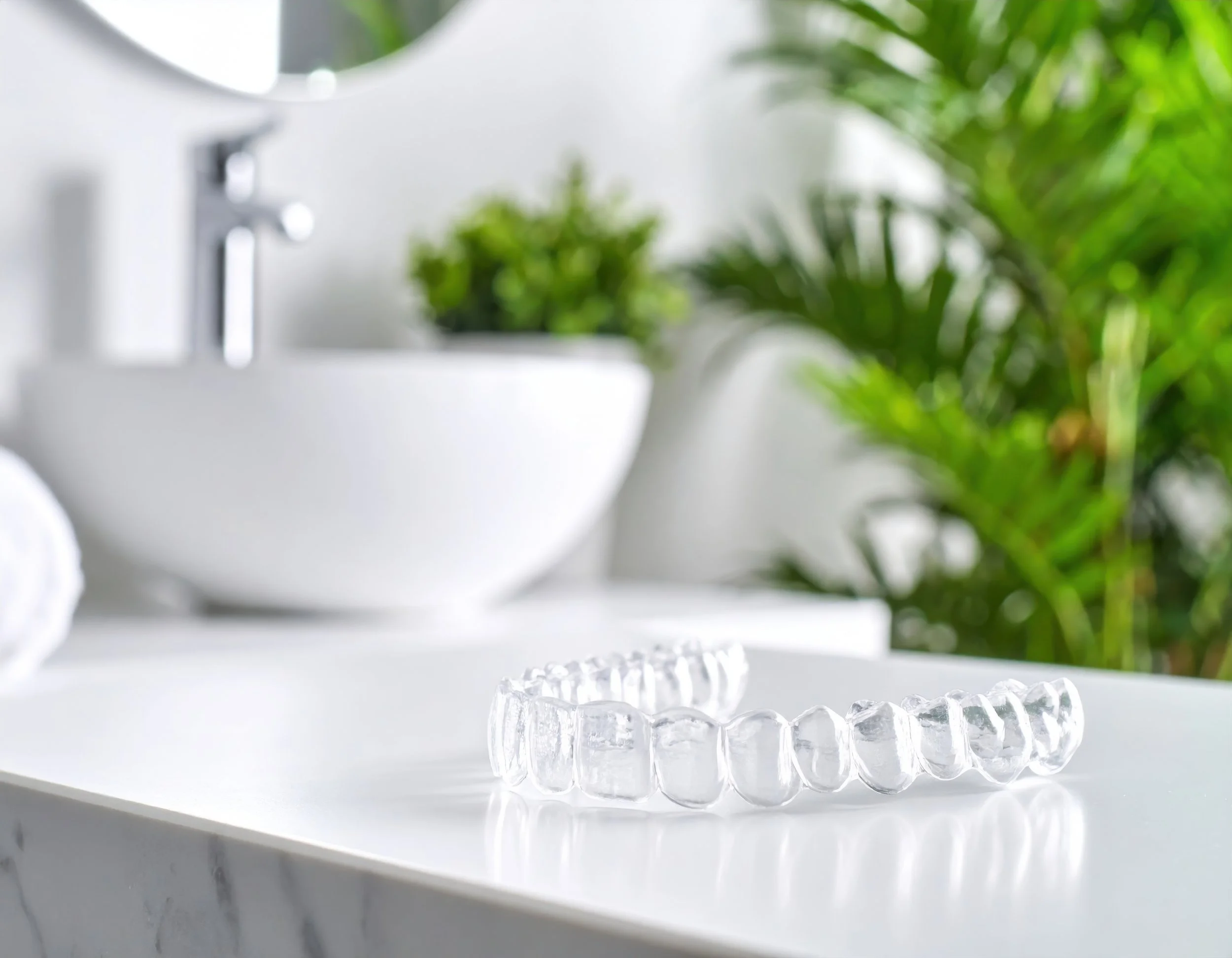 Clear Invisalign dental aligners on a white plate with a blurred background of a white cup and green plant.