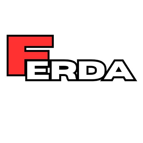The word 'FERDA' in bold black and white letters, with a red square outline around the letter 'F'.