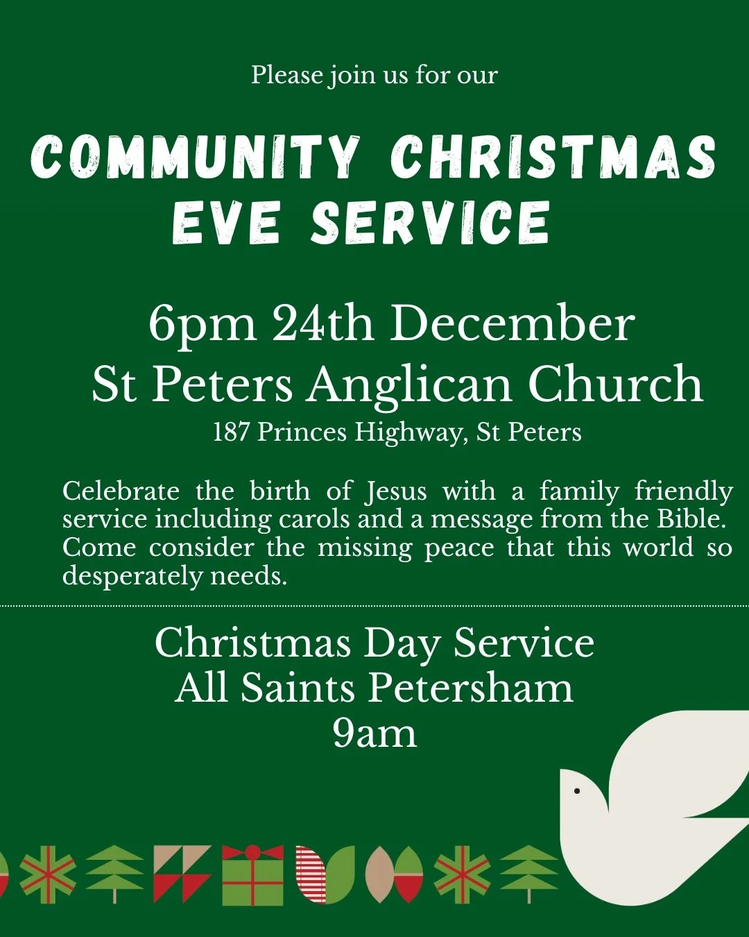 Celebrate Christmas with us at 6pm Christmas Eve at St Peters // We won't have a service on Christmas Day at St Peters but will at All Saints Petersham. Merry Christmas 🎄