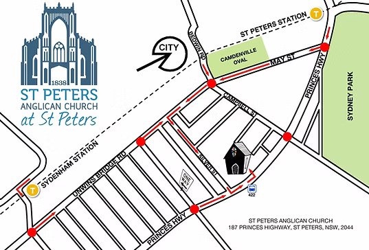 Map of St. Peters Anglican Church in St. Peters, New South Wales, showing nearby streets, Sydney Park, and landmarks including St. Peters Station and Sydenham Station with public transit lines.