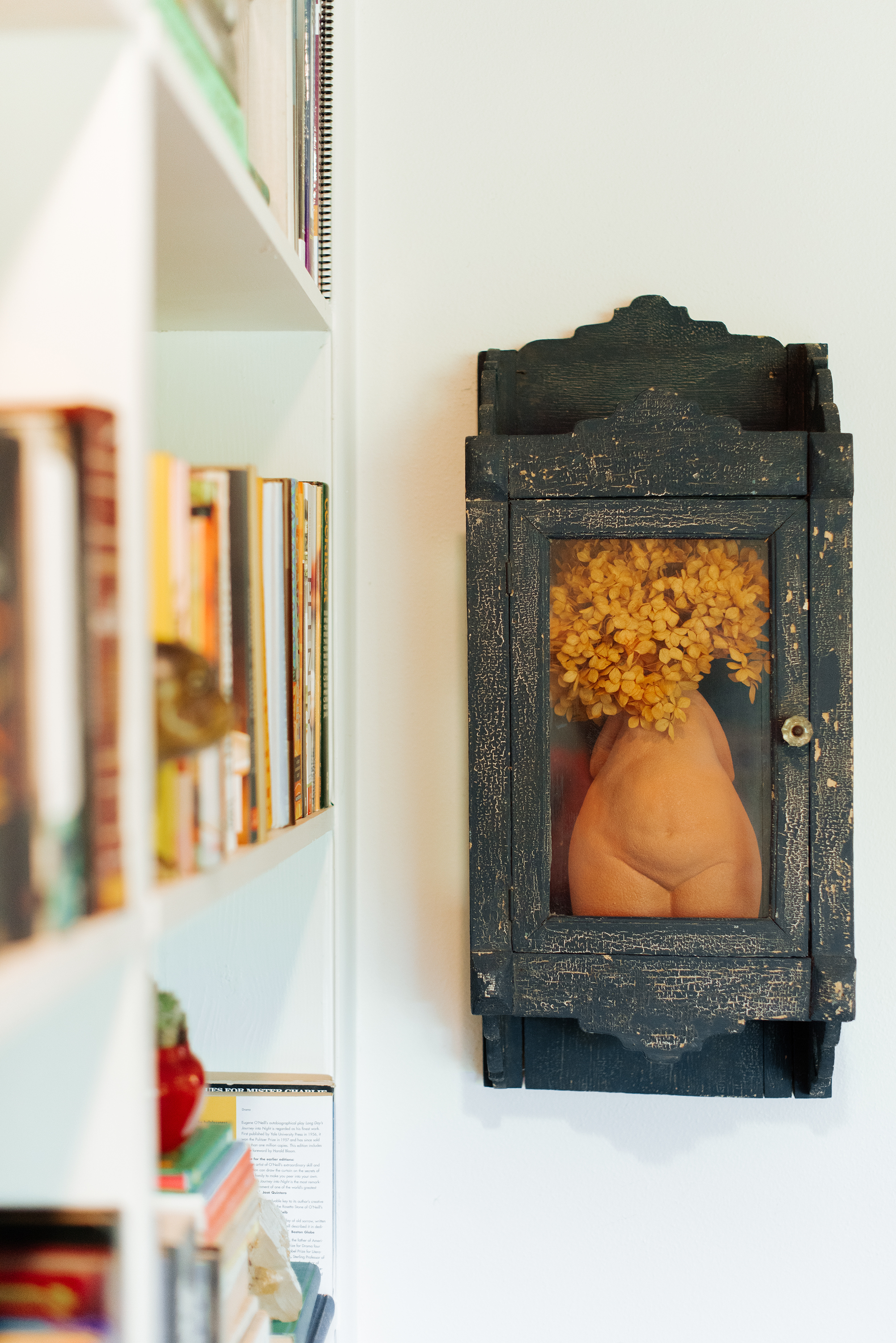 A black wooden cabinet with a glass door containing a vase with yellow flowers, mounted on a white wall next to a bookshelf filled with various books.