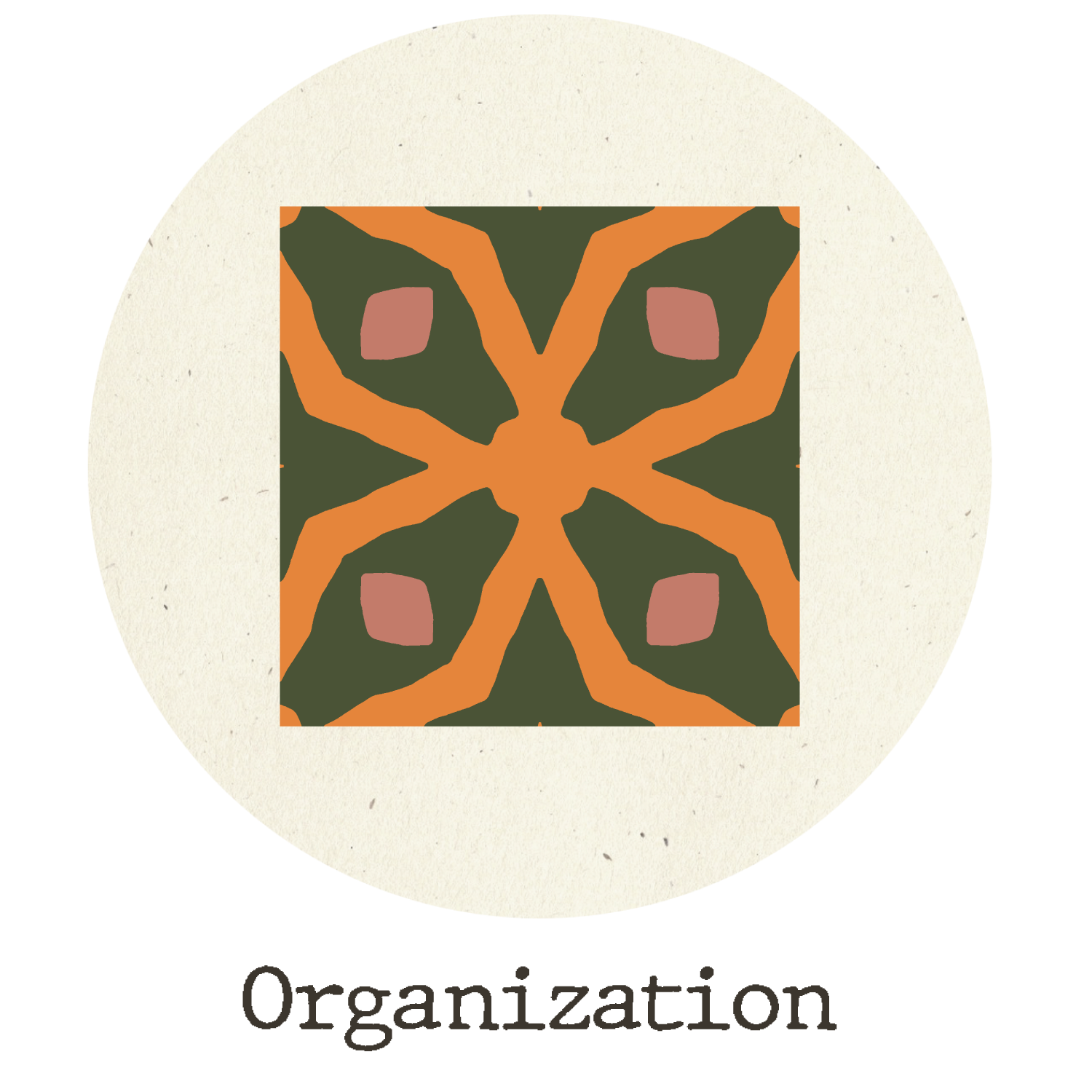 A patterned ceramic tile with geometric shapes in orange, green, and pink on a tan background.