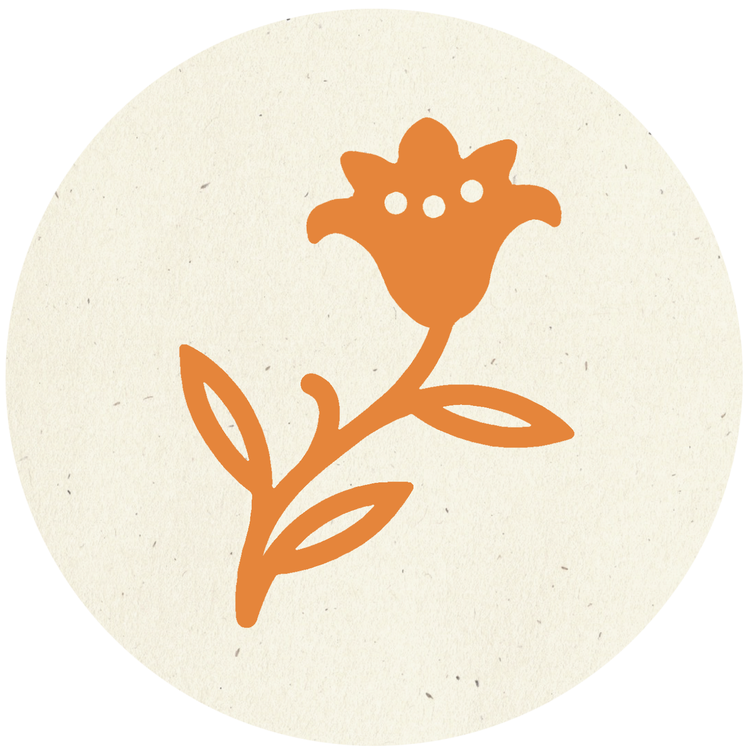 Simple illustration of a flower with an orange blossom and green leaves on a beige circular background.