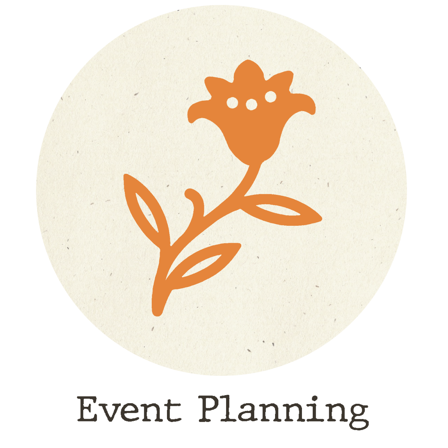 An illustration of a brown flower with five rounded petals, a stem, and two leaves on a cream-colored circular background.