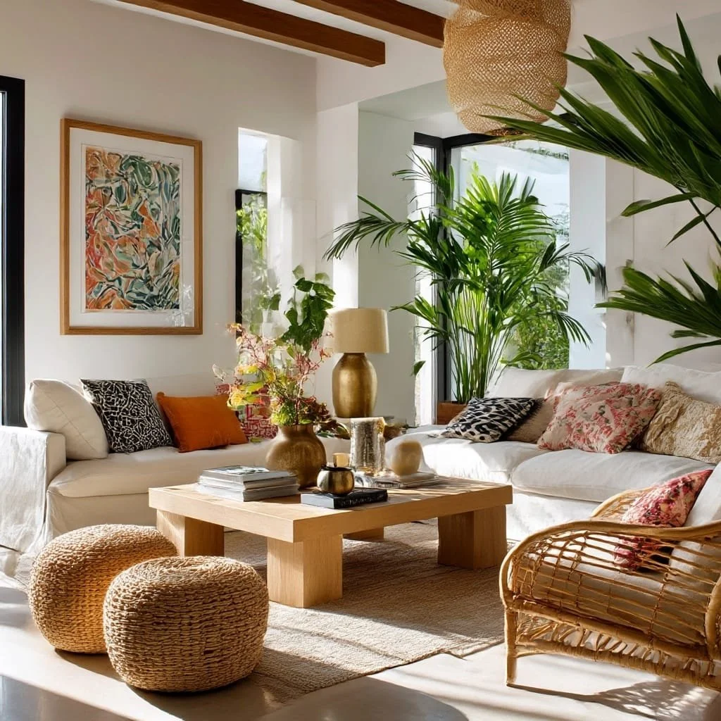 Sala de estar con sofá blanco, cojines variados, mesas de madera, lámpara dorada, muchas plantas verdes y una pintura abstracta en la pared
