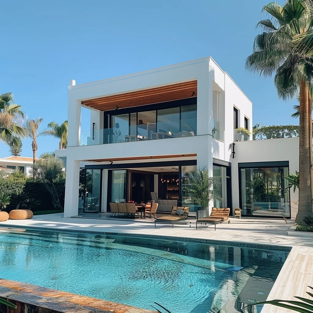 Casa moderna blanca con varias ventanas grandes y balcón, rodeada de palmeras y vegetación, con piscina en primer plano y muebles de exterior en el patio.