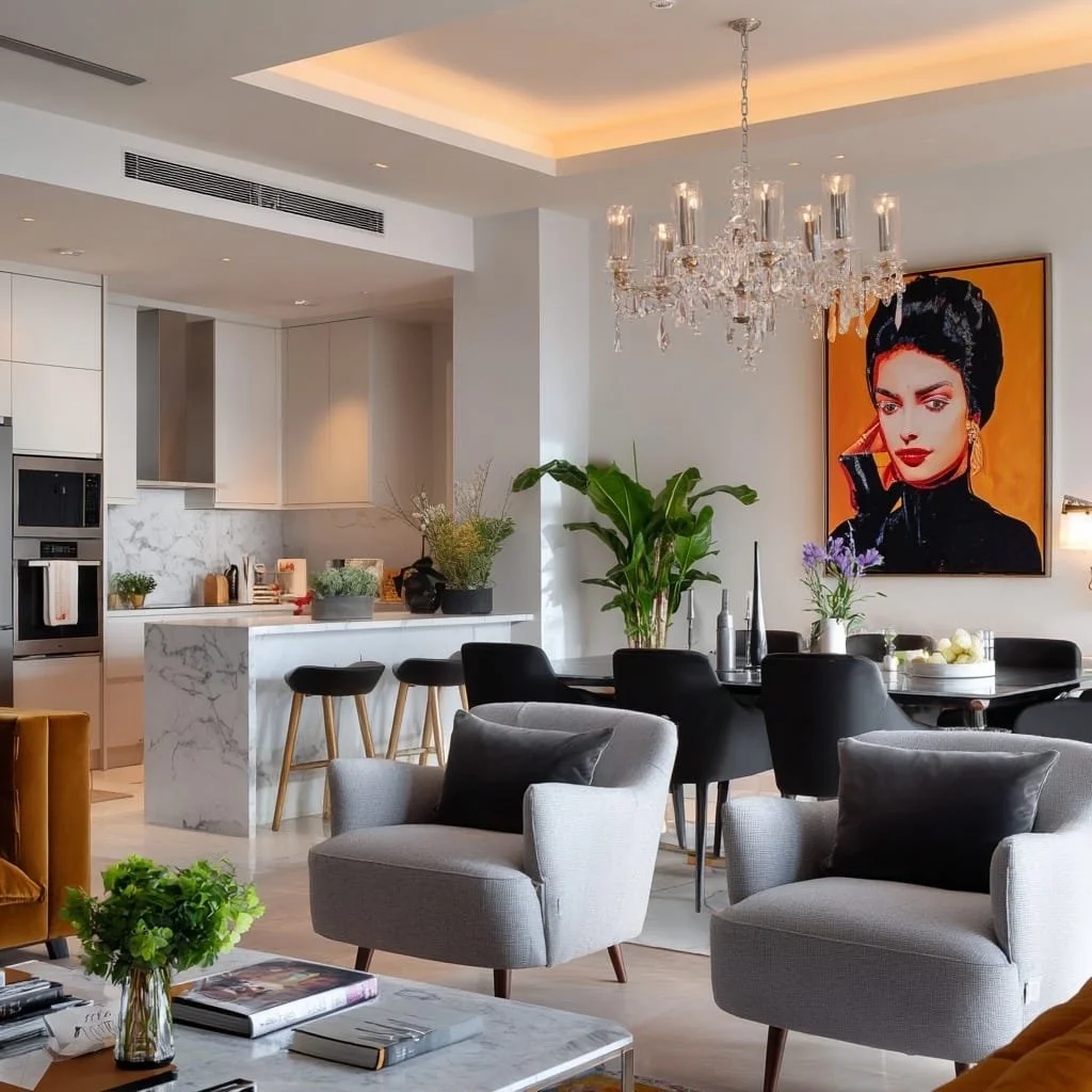Sala de estar y cocina moderna, con sillones grises, un florero con plantas verdes, una pintura grande de una mujer con cabello negro y maquillaje brillante, una lámpara de araña y varias plantas decorativas.