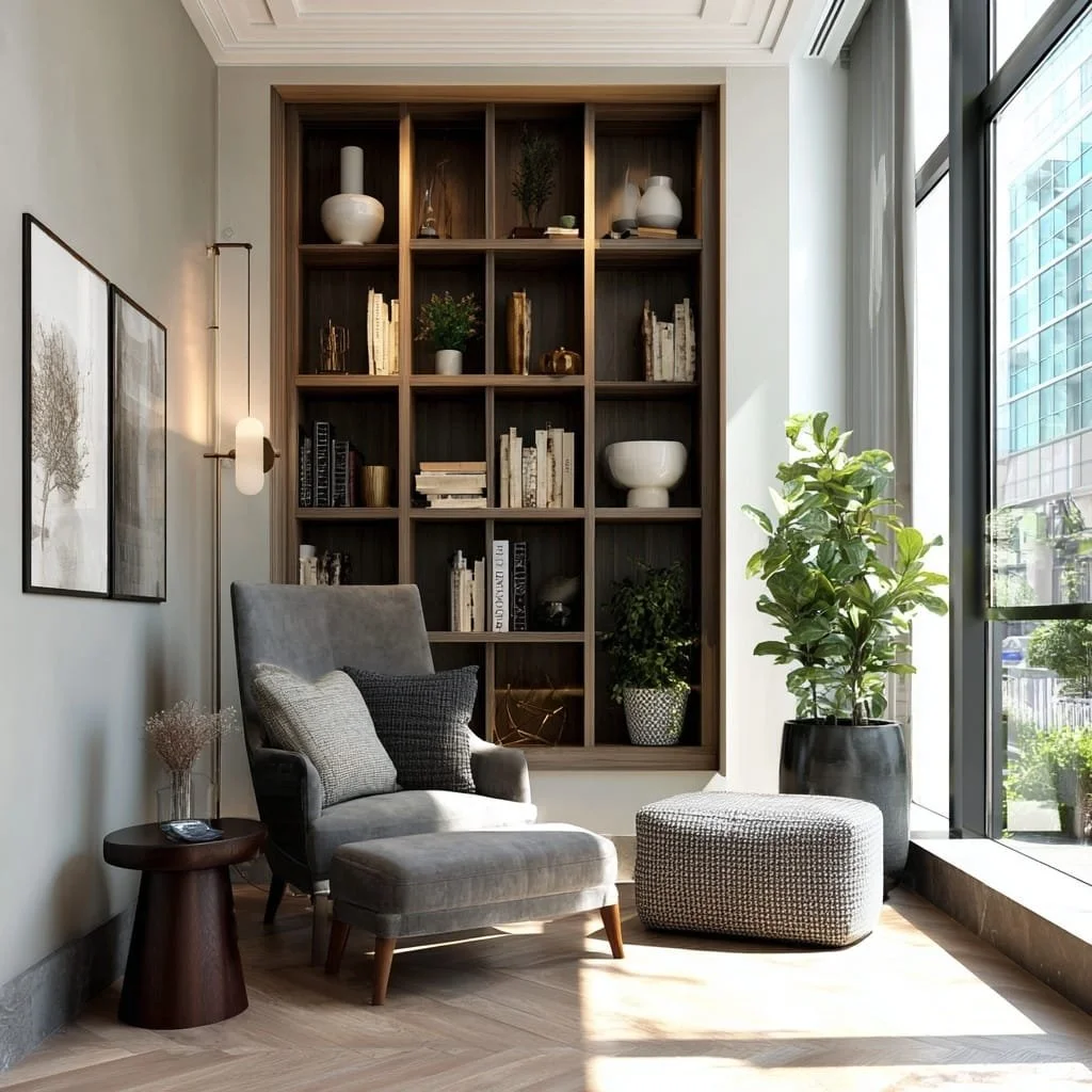 Sala moderna con sillón gris con almohadones, estantería de madera llena de libros y decoraciones, planta grande en una maceta negra junto a ventanales grandes que dejan entrar luz natural.