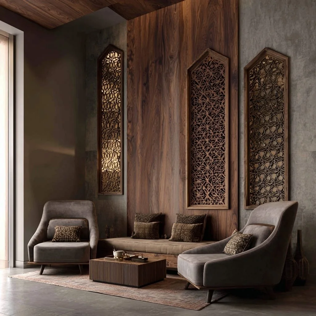 Sala de estar con sillones grises, cojines decorativos, una mesa de centro y decoración en madera y piedra en las paredes.