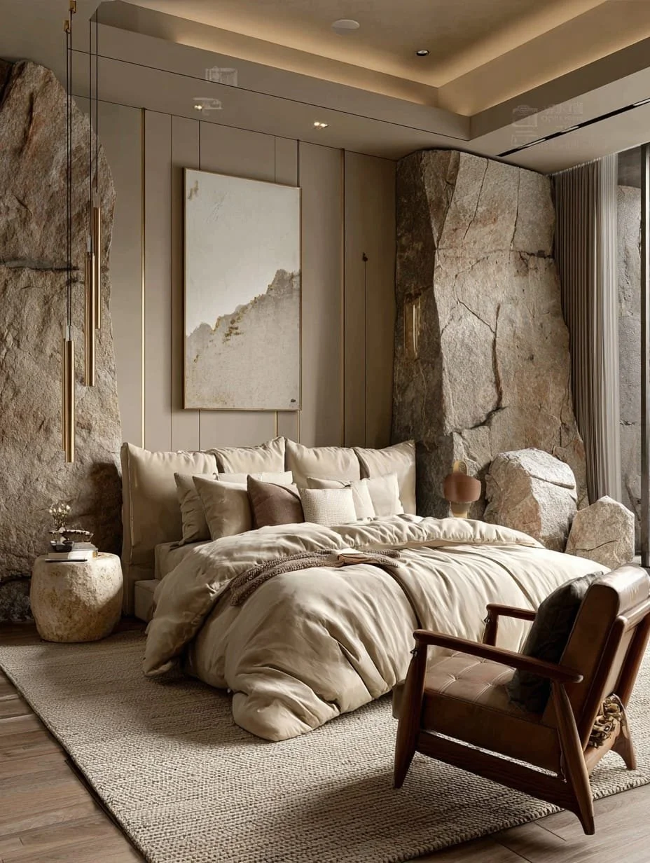 Habitación moderna con paredes de piedra natural, cama con ropa beige, varias almohadas y un tapete de color arena. Hay un sillón de madera y cuero, mesas de noche rocosas, lámparas de pared de estilo moderno y una pintura abstracta en la pared.