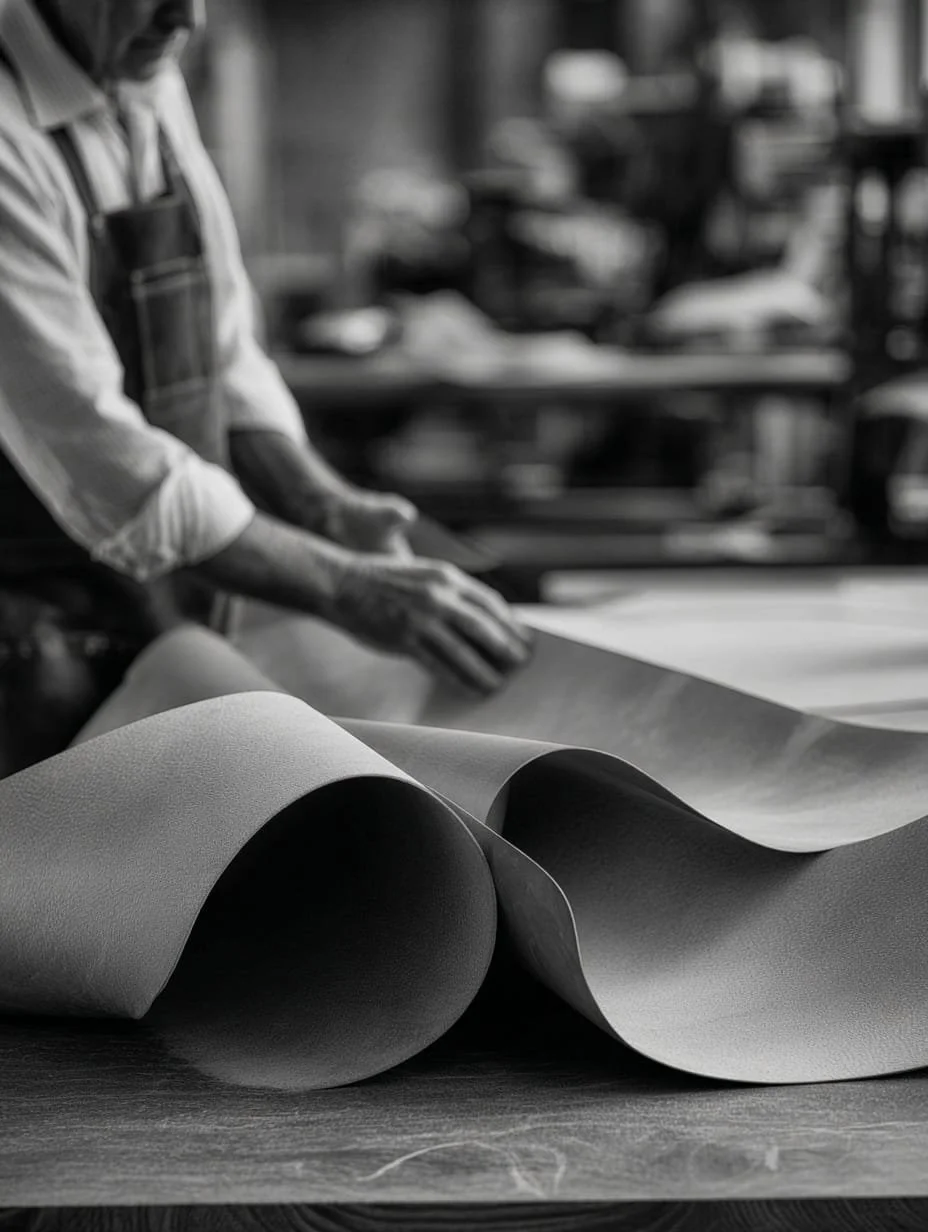 Persona trabajando en una mesa con un gran rollo de papel o tela, en un taller o fábrica.