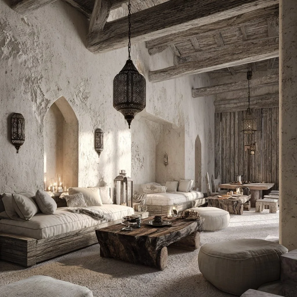Sala de estilo rústico con paredes de piedra, techos de madera con vigas expuestas, muebles de madera natural, y lámparas colgantes de estilo marroquí.
