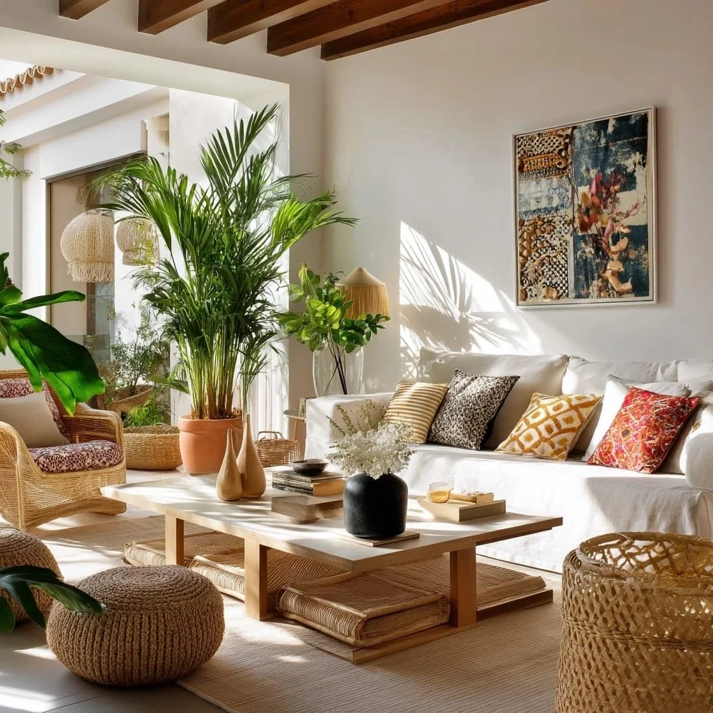 Sala de estar decorada con plantas verdes, cojines con patrones, mesa de madera con decoraciones, y paredes blancas con una pintura moderna.