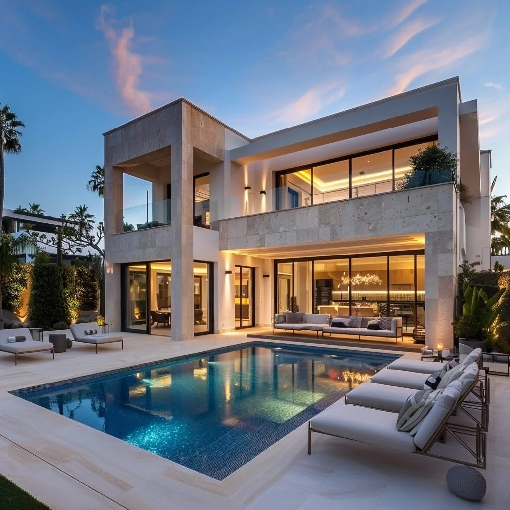 Casa moderna con piscina y muebles de exteriores en un ambiente elegante y contemporáneo.