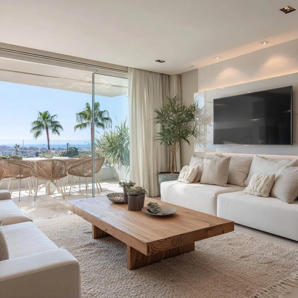 Sala de estar moderna con sofá blanco, mesa de madera, plantas verdes, televisión de pantalla plana y balcón con vista al océano y palmeras.