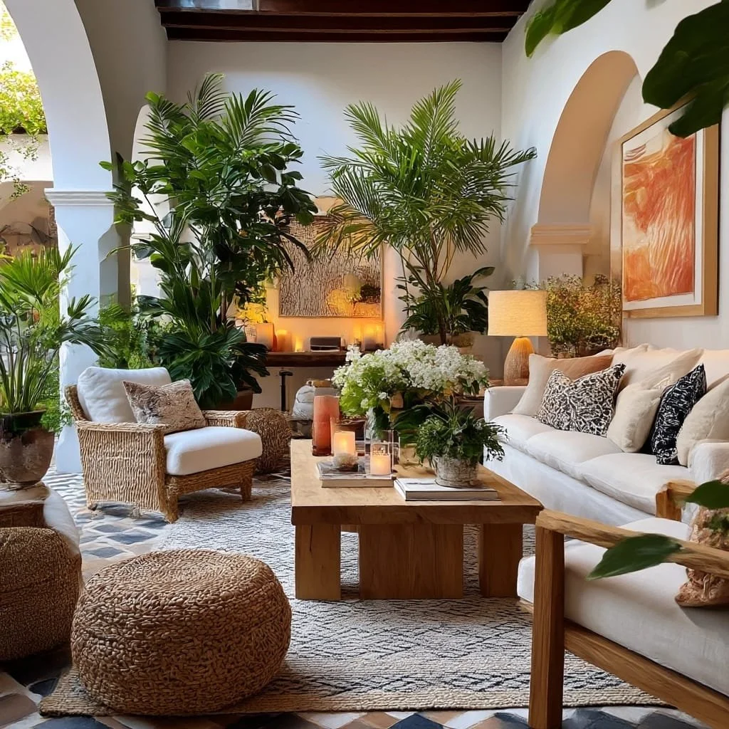 Sala de estar con muebles de madera y cojines, muchas plantas verdes, con velas encendidas sobre una mesa de centro de madera, decorada con cuadros en las paredes y una lámpara de mesa.