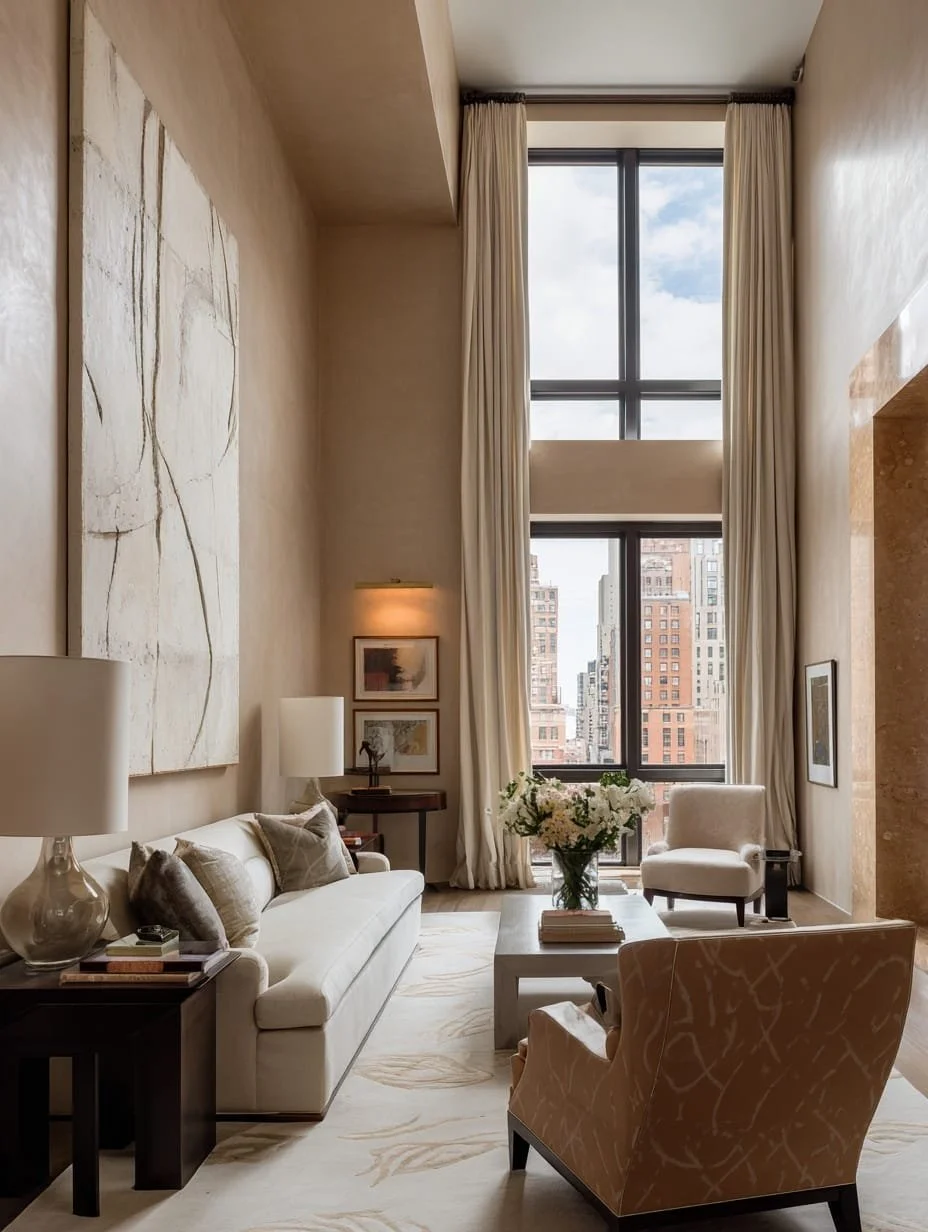 Sala de estar con sofá blanco, sillón beige, mesa de centro con flores, cortinas largas y ventanas altas con vista a edificios urbanos.