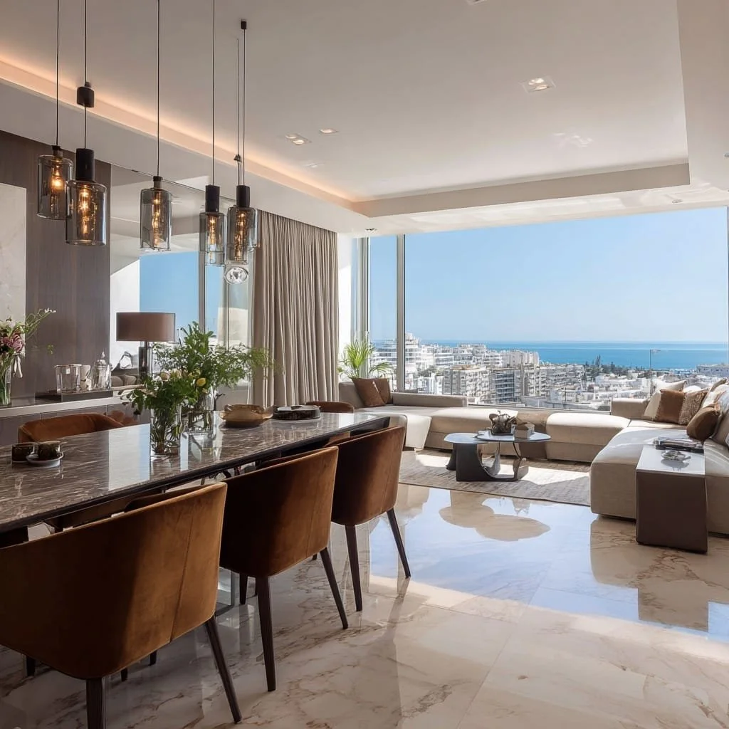 Sala de estar moderna con vista al mar, sofá blanco, mesas decorativas, plantas, cortinas beige y iluminación artificial