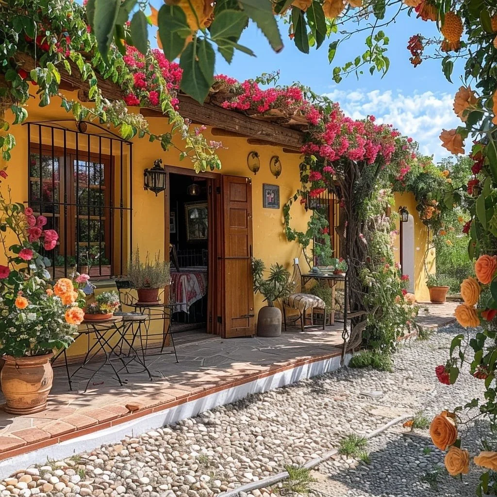 Casa de adobe amarilla con ventana y puerta de madera, rodeada de flores como buganvilias y rosas en un patio soleado con piedra en el suelo.