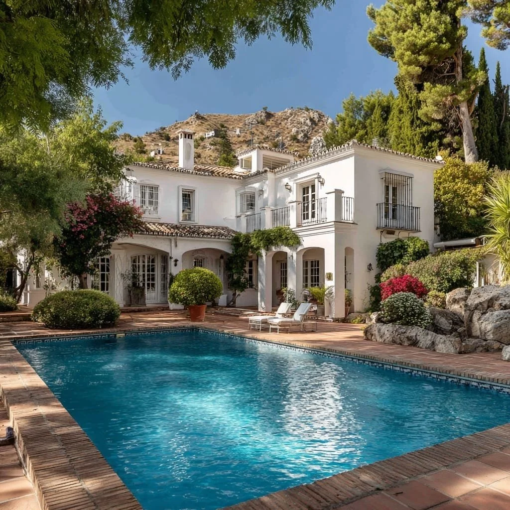 Villa blanca con terraza y piscina, rodeada de árboles y plantas, en un entorno montañoso.