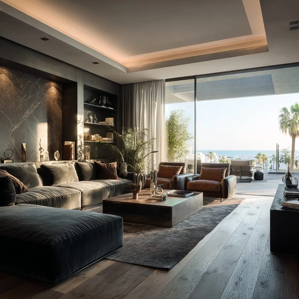 Sala de estar moderna con vista al mar, sofá grande, sillones de cuero, alfombra, libros y plantas. Ventana grande con cortinas y balcón con palmeras y vista al océano.