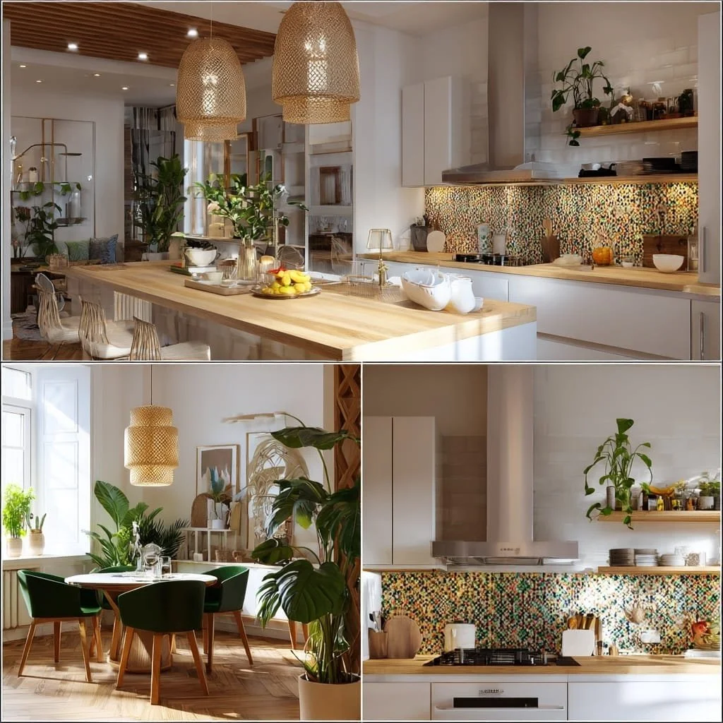 Tres imágenes que muestran cocinas modernas con mucha luz natural, plantas decorativas y muebles de madera natural. La primera imagen presenta una cocina abierta con un gran isla central, estanterías y una decoración colorida. La segunda imagen muest