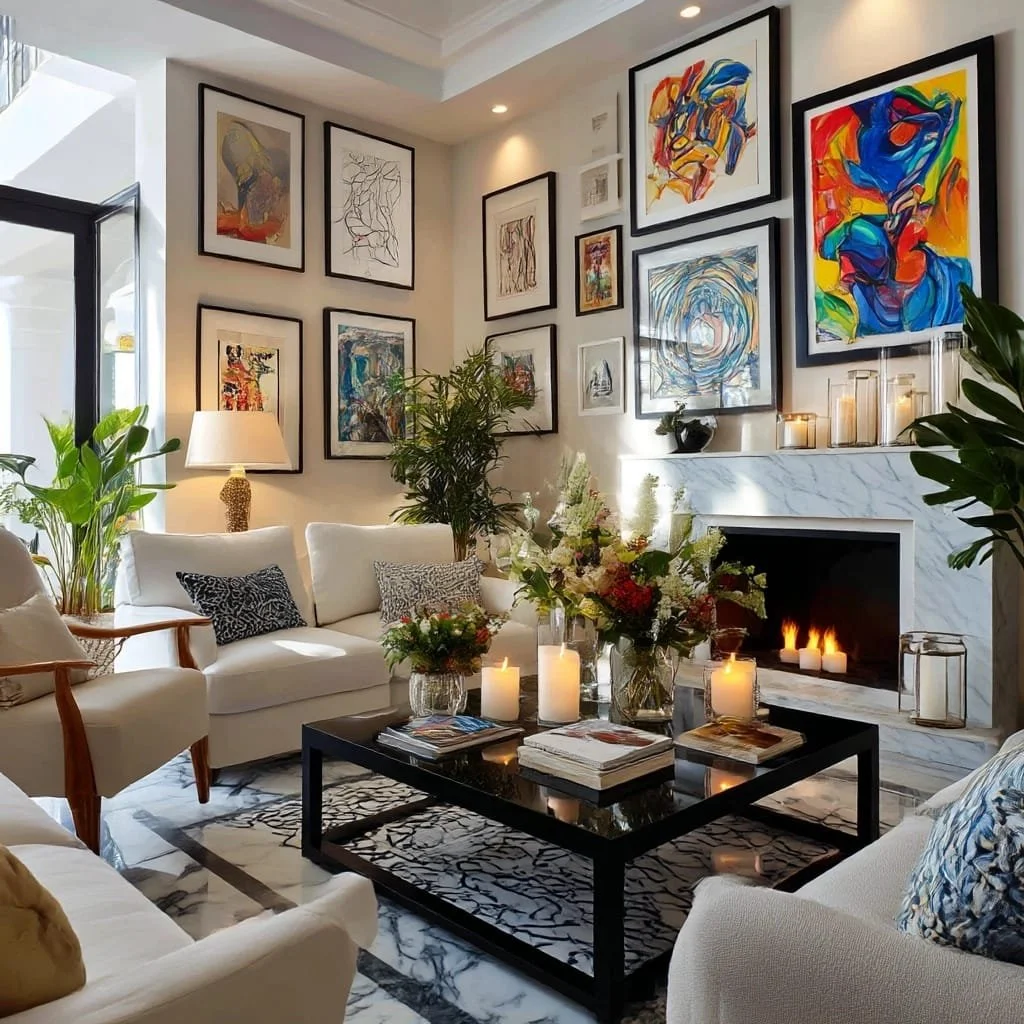 Sala de estar decorada con cuadros abstractos en las paredes, un fuego en la chimenea, varias velas encendidas, plantas verdes y un centro de mesa con flores y libros sobre una mesa negra.