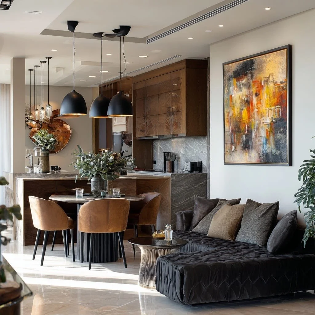 Sala y cocina de estilo moderno con mesa de comedor, sillas color beige, sofá negro con cojines, arte abstracto en la pared y lámparas negras colgantes.